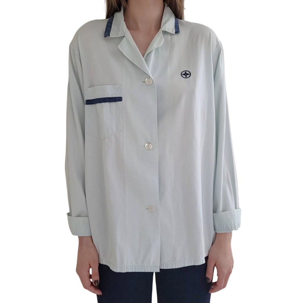 60s Vtg Long Sleeve Blue Cotton Button-Up Sleep Shirt JCPENNY women's medium